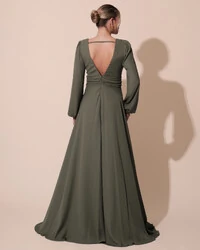 Vestido de Festa Manga Longa com Cintura Drapeada Decote V Verde Oliva