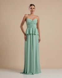 Vestido de Festa Longo Crepe Chiffon Tomara que Caia Peplum Drapeado Verde Menta