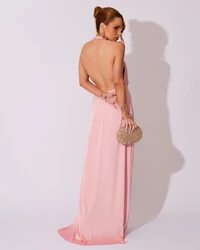 Vestido de Festa Longo Frente Única Degagê Cetim Fluido Rose Gold