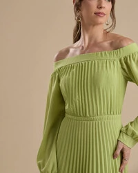 Vestido de Festa Longo Crepe Chiffon Plissado Ombro a Ombro Verde Pistache