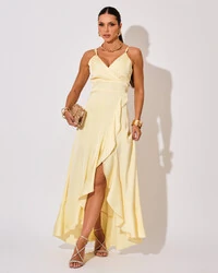 Vestido Midi Babado Acetinado Amarelo Manteiga