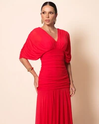 Vestido de Festa Longo Tule Manga Curta Drapeado Vermelho