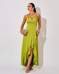 Vestido Midi Babado Acetinado Verde Lima