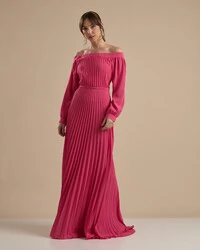 Vestido de Festa Longo Crepe Chiffon Plissado Ombro a Ombro Pink New