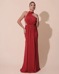 Vestido de Festa Longo Malha Jersey Gola Alta Saia Sereia Vermelho Escuro
