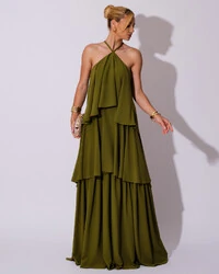 Vestido Longo Babado em Camadas Verde Oliva New