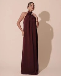 Vestido Longo Crepe Chiffon Frente Única Fluido Flor Removível Marsala