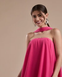 Vestido de Festa Longo Chiffon Crepe em Camadas com Lenço Pink New