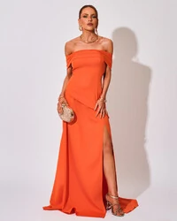Vestido de Festa Longo Alfaiataria Ombro a Ombro Drapeado com Fenda Laranja