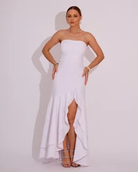 Vestido Longo com Fenda de Babados Alfaiataria Branco