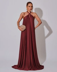 Vestido Longo com Amarração em Malha Marsala Escuro