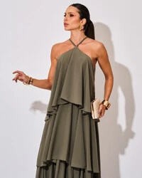Vestido Longo Babado em Camadas Verde Oliva