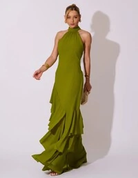 Vestido de Festa Longo Chiffon Crepe Gola Alta Babados Verde Oliva New