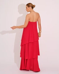 Vestido de Festa Longo Tomara que Caia em Camadas Vermelho