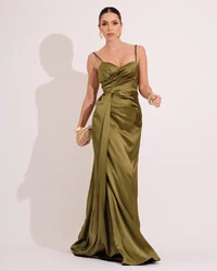 Vestido de Festa Longo Cetim Alfaiataria Fenda Drapeada Verde Oliva