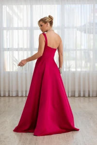 Vestido Longo de Festa Cetim um Ombro Só Fucsia Escuro