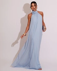 Vestido Longo Crepe Frente Única Fluido Flor Removível Serenity