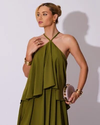 Vestido Longo Babado em Camadas Verde Oliva New