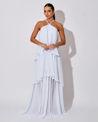 Vestido Longo Crepe Chiffon Babado em Camadas Branco