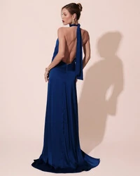 Vestido Longo de Festa Cetim Fluido Gola Alta e Babado Cascata Azul Royal New