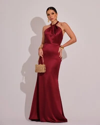 Vestido de Festa Longo em Cetim Alfaiataria com Elastano Frente Única Marsala