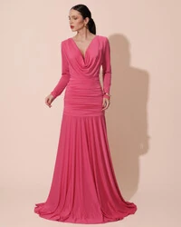 Vestido de Festa Longo Malha Degagê Drapeado Manga Longa Pink New