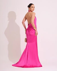 Vestido de Festa Longo em Cetim Alfaiataria com Elastano Frente Única Pink