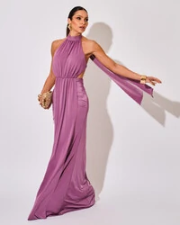 Vestido de Festa Longo Malha Jersey Gola Alta Saia Sereia Lilás