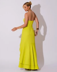 Vestido Longo com Fenda de Babados Alfaiataria Verde Lima New