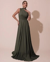 Vestido de Festa Longo Crepe Chiffon Um Ombro Só Drapeado com Lenço Verde Oliva