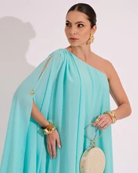 Vestido de Festa um Ombro com Capa Crepe Fluido Tiffany