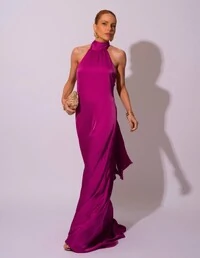 Vestido de Festa Gola Alta com Decote nas Costas Acetinado Fúcsia Beterraba