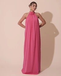 Vestido Longo Crepe Chiffon Frente Única Fluido Flor Removível Pink Claro