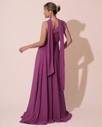 Vestido de Festa Longo Crepe Chiffon Um Ombro Só Drapeado com Lenço Fúcsia