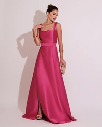 Vestido de Festa Longo Zibeline com Fenda e Faixa Pink