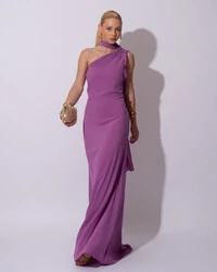 Vestido de Festa Longo Crepe Chiffon Um Ombro Só Drapeado Lenço Fixo Fúcsia