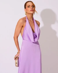 Vestido de Festa Longo Frente Única Degagê Cetim Fluido Lilás