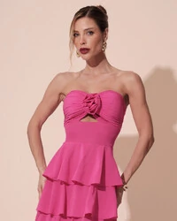 Vestido Longo Crepe Chiffon Tomara que Caia Plissado em Camadas Pink