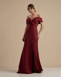 Vestido de Festa Longo Alfaiataria Ombro a Ombro com Fenda Marsala