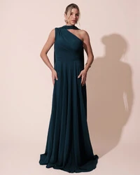 Vestido de Festa Longo Crepe Chiffon Um Ombro Só Drapeado com Lenço Verde Escuro