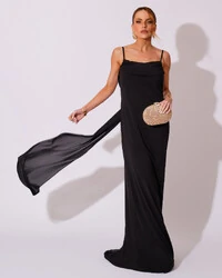 Vestido de Festa Longo Crepe Chiffon Costas Lenço Cauda Preto