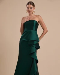Vestido de Festa Longo Tomara que Caia Babado Cascata Verde Escuro