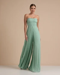 Macacão de Festa Longo Crepe Chiffon Tomara que Caia Plissado com Lenço Verde Menta