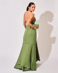 Vestido Longo com Fenda de Babados Alfaiataria Verde Matcha