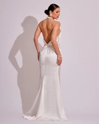 Vestido de Festa Longo em Cetim Alfaiataria com Elastano Frente Única Branco