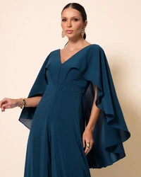 Macacão de Festa Longo Crepe Chiffon com Capa Verde Escuro