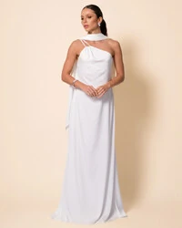 Vestido de Festa Longo em Cetim Fluido um Ombro Só com Lenço Branco