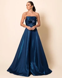 Vestido de Festa Longo Cetim Cristal Tomara que Caia Drapeado Verde Escuro