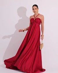 Vestido de Festa Longo Cetim Fluido Frente Única Costa Cruzada Marsala