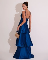 Vestido de Festa Longo Zibeline em Camadas Decote em V com Alças Azul Royal